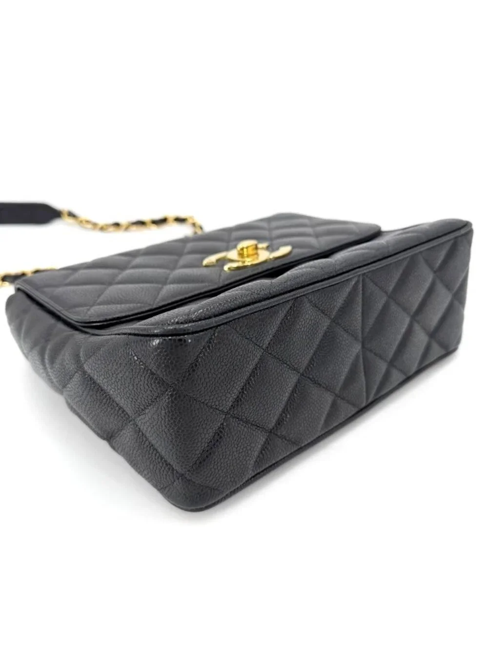 Chanel Shoulder Bag Quilted CC Logo Square Crossbody Caviar Leather Black Gold